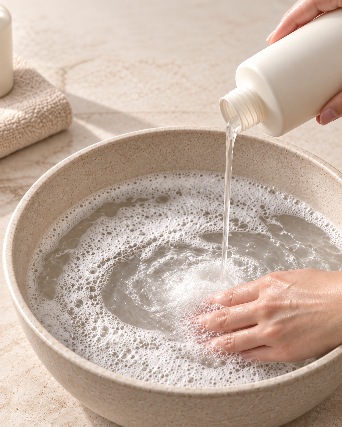 Diluting gentle shampoo in a basin of lukewarm water.