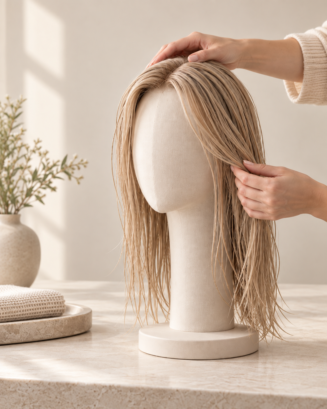 Reshaping damp human hair on a mannequin head before air-drying.