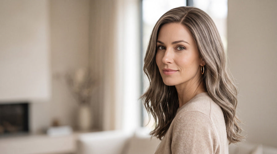 Woman wearing a softly layered human hair wig in natural light