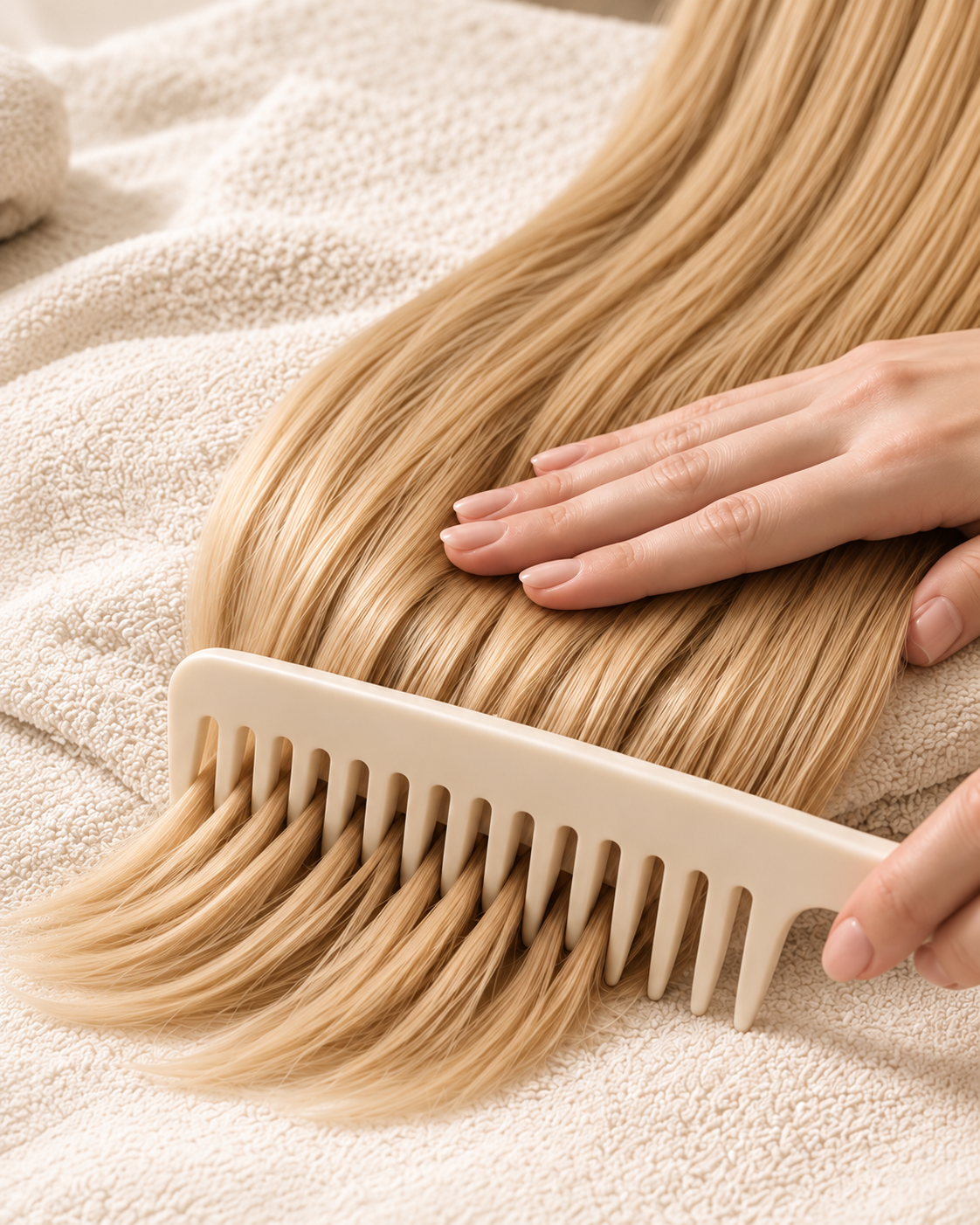 Gently detangling dry human hair with a wide-tooth comb before washing.