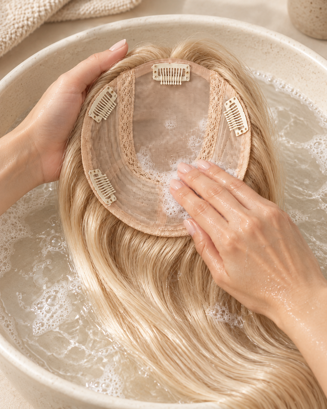 Cleaning the inside base of a human hair topper gently with fingertips.